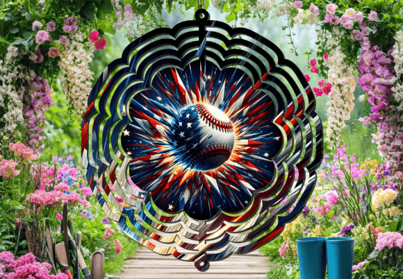 Abstract Patriotic Baseball Wind Spinner: A Dynamic Outdoor Accent