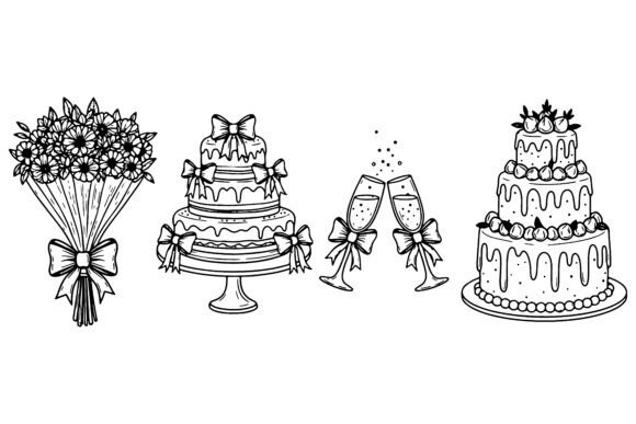 Wedding Cake and Bouquet Silhouette Illu: A Designer's Elegant Asset